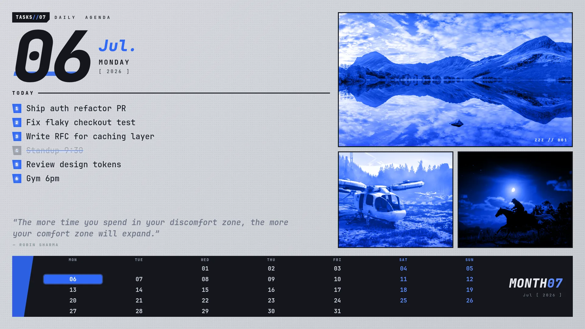 The rendered daily-agenda wallpaper: a large date and day of week, a numbered task list, a rotating quote, three tinted art panels, and a full month calendar with today highlighted, all in an electric-blue poster layout.