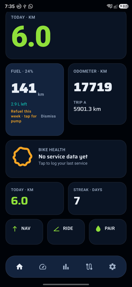 REDLINE home: today's distance, fuel, odometer, bike health, quick actions